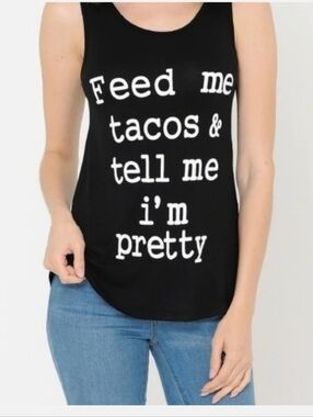 Black Graphic Tank Top with 'Feed Me Tacos' Slogan